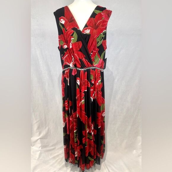 Alexa B black and red lily floral mesh maxi dress with rhinestones size 20W NWT - Picture 1 of 7